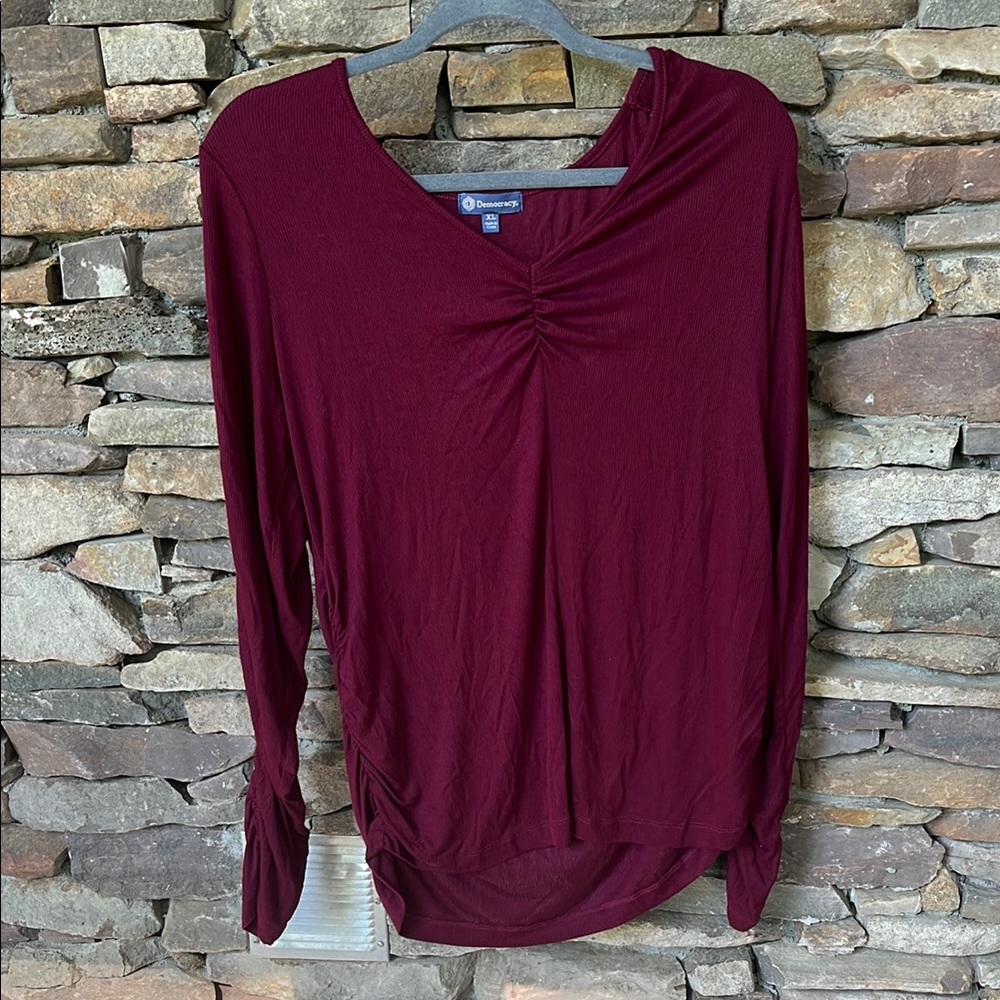 Democracy Red Ruched Long Sleeve Blouse